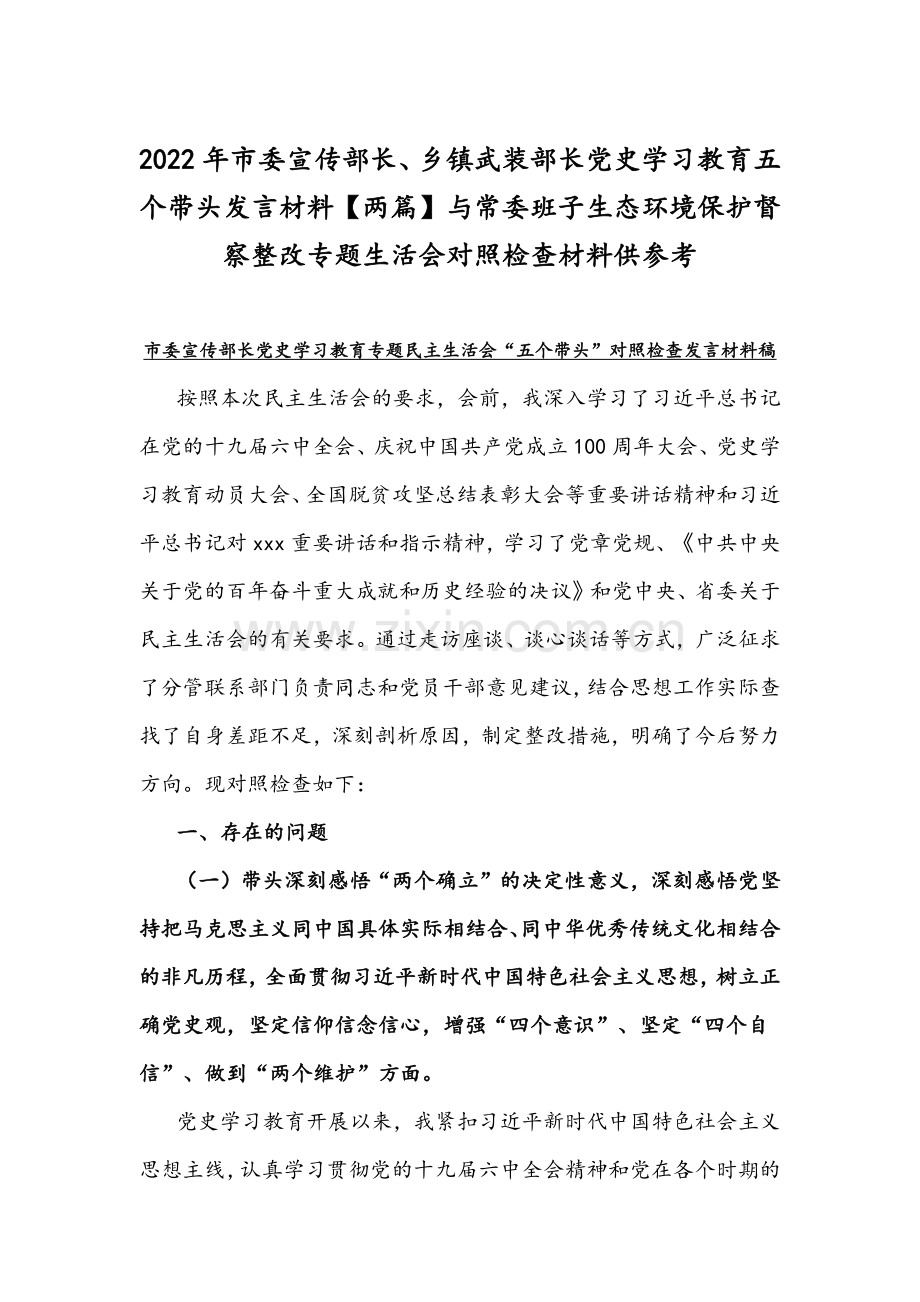 2022年市委宣传部长、乡镇武装部长党史学习教育五个带头发言材料【两篇】与常委班子生态环境保护督察整改专题生活会对照检查材料供参考.docx_第1页