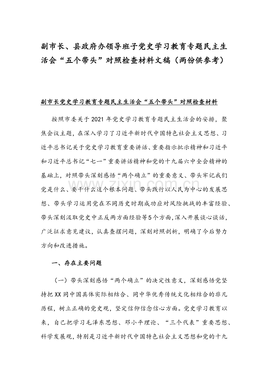 副市长、县政府办领导班子党史学习教育专题组织生活会“五个带头”对照检查材料文稿（两份供参考）.docx_第1页