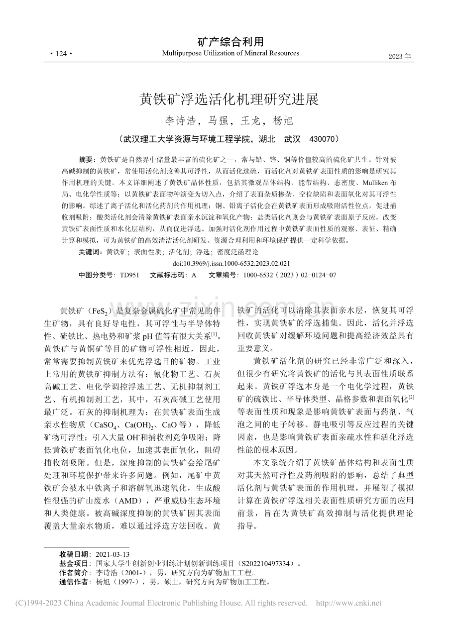 黄铁矿浮选活化机理研究进展_李诗浩.pdf_第1页