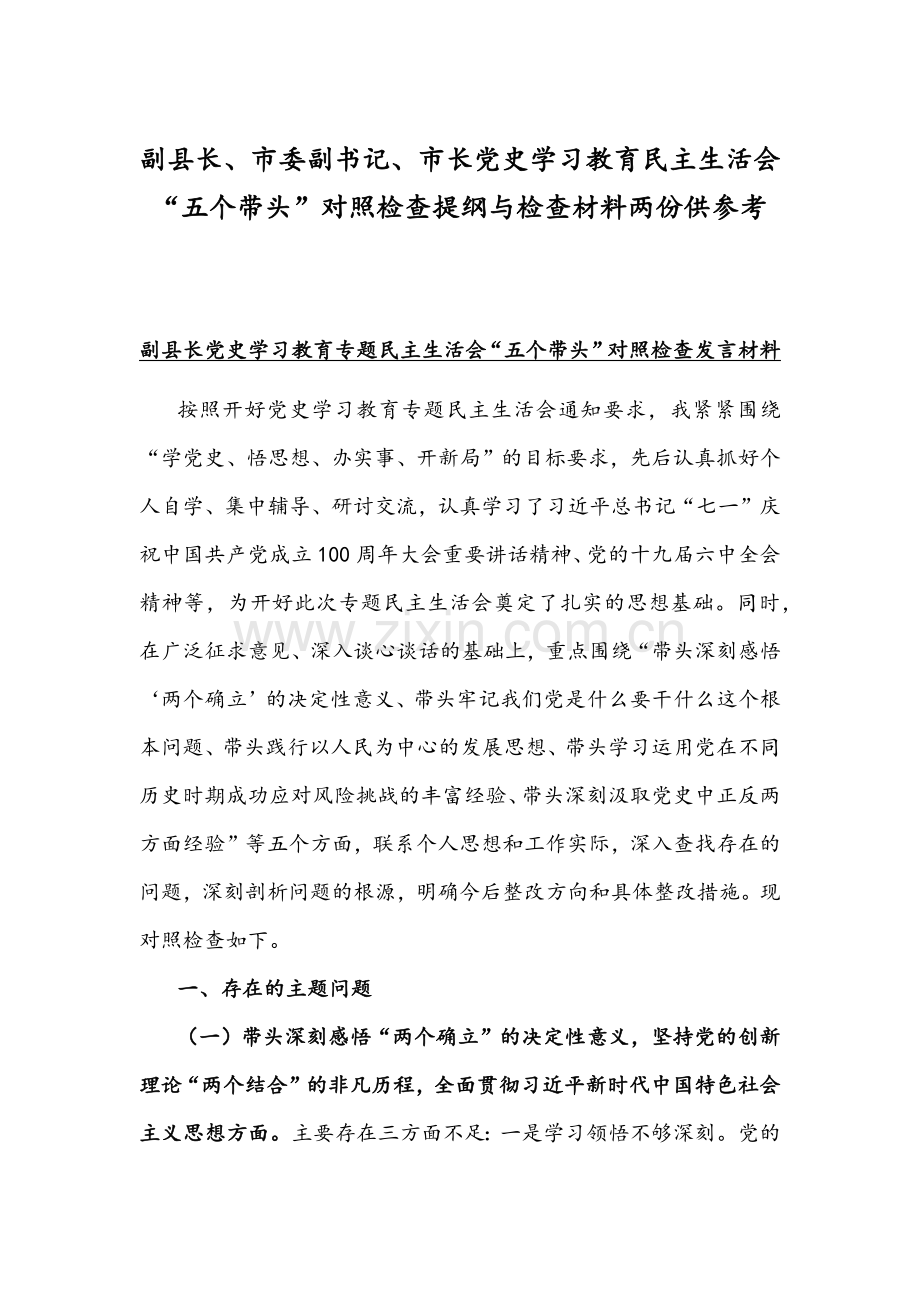 副县长、市委副书记、市长党史学习教育组织生活会“五个带头”对照检查提纲与检查材料两份供参考.docx_第1页