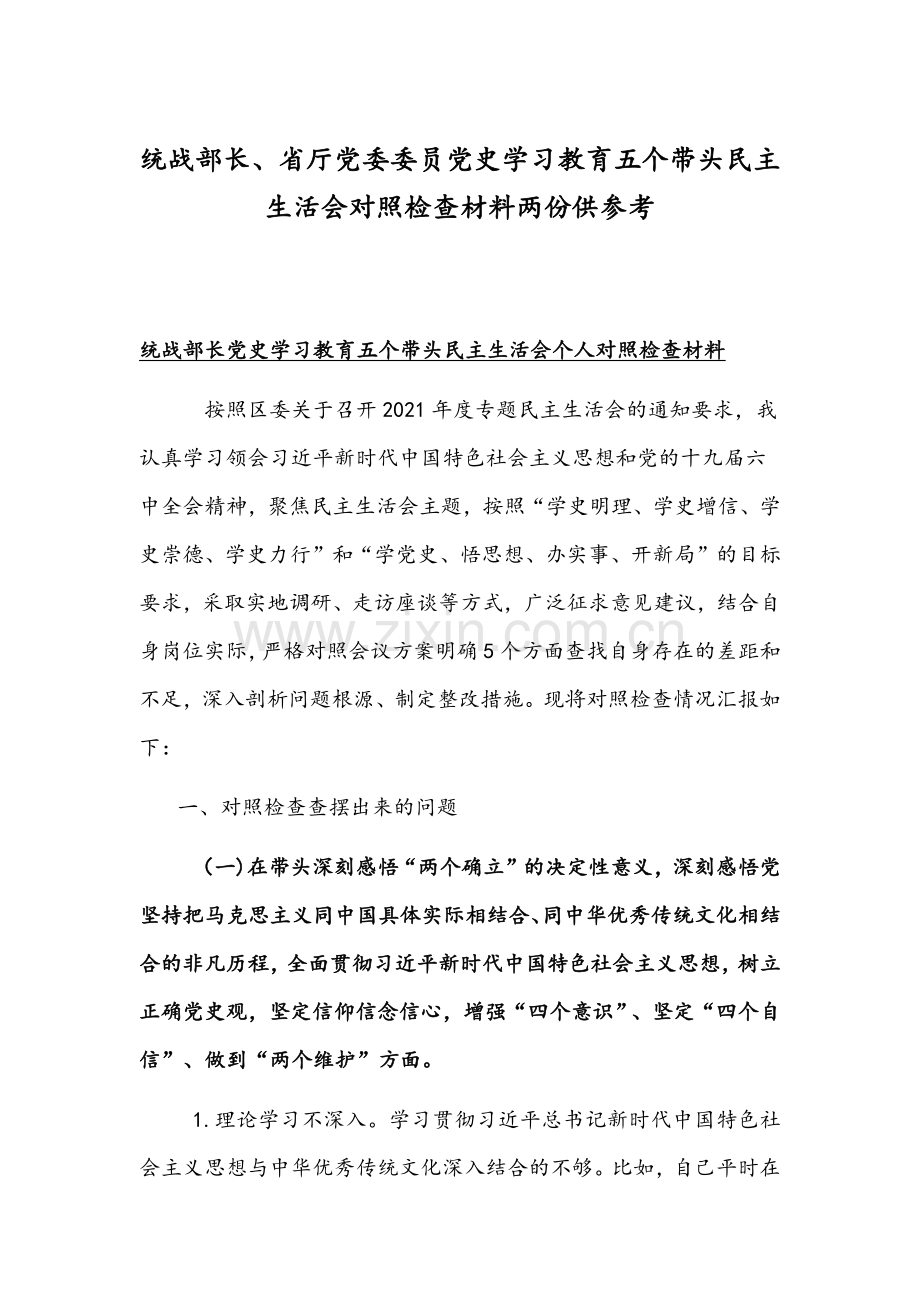 统战部长、省厅党委委员党史学习教育五个带头组织生活会对照检查材料两份供参考.docx_第1页