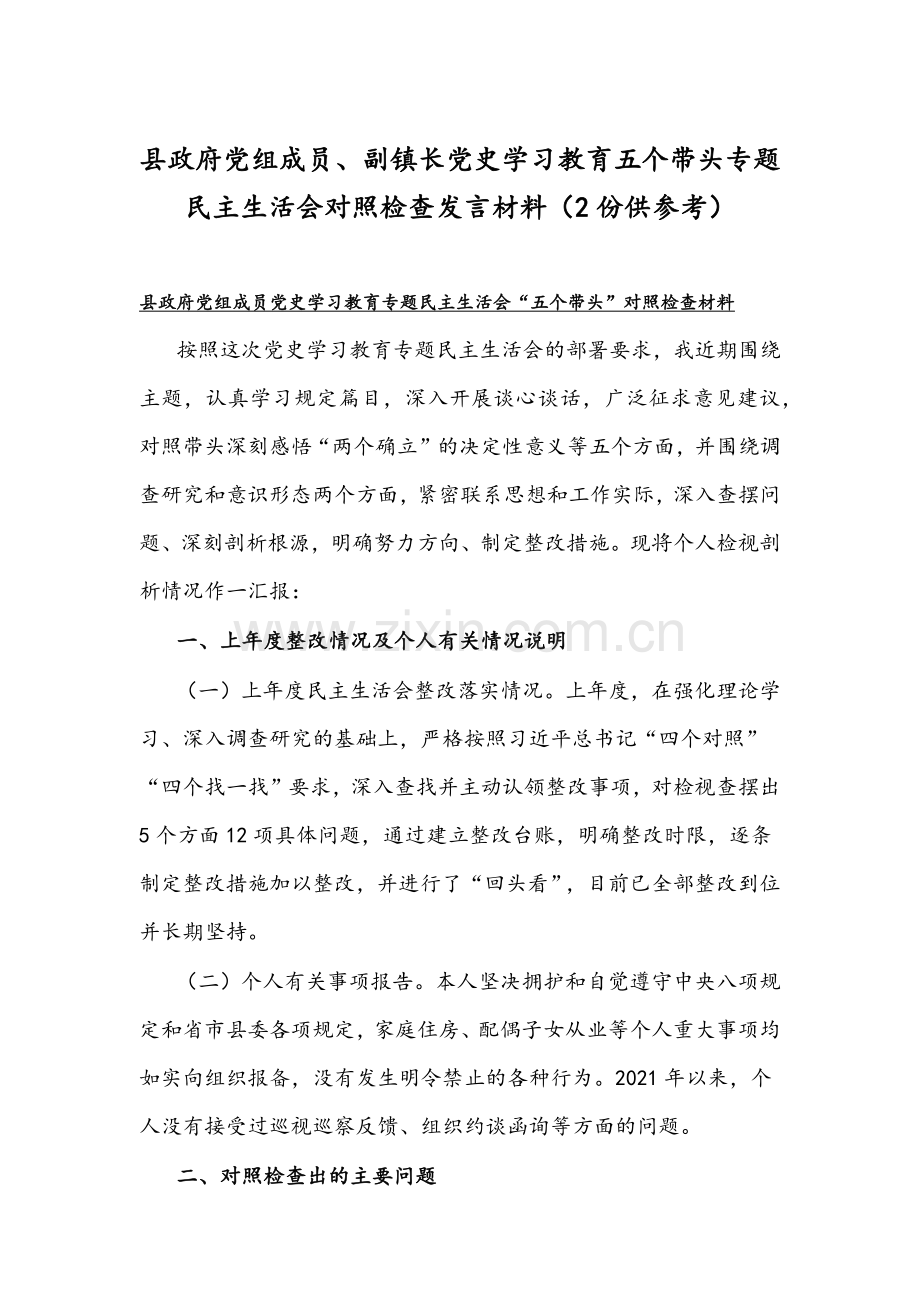 县政府党组成员、副镇长党史学习教育五个带头专题组织生活会对照检查发言材料（2份供参考）.docx_第1页