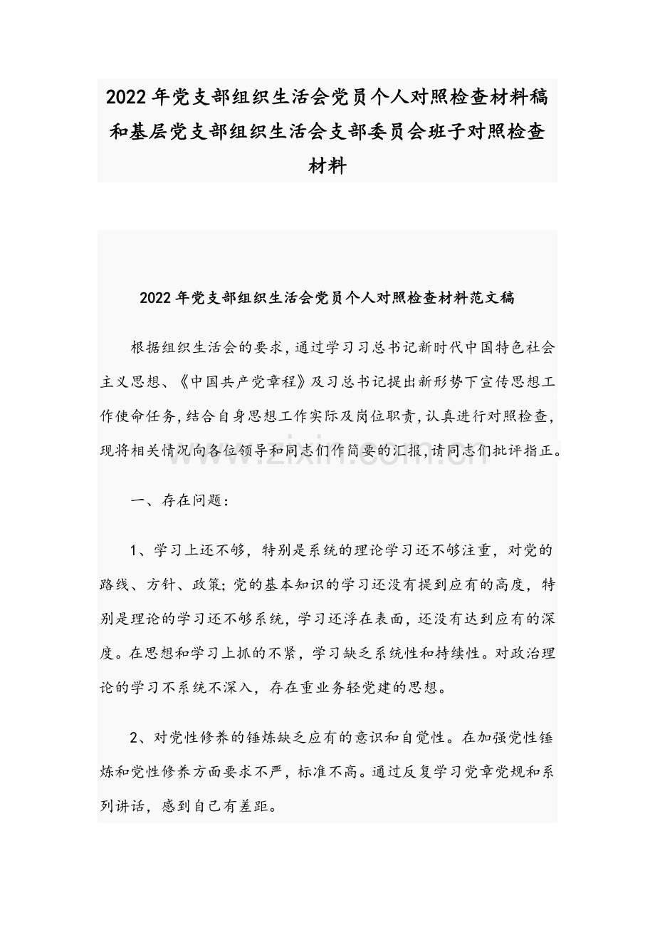 2022年党支部组织生活会党员个人对照检查材料与基层党支部组织生活会支部委员会班子对照检查材料.docx_第1页