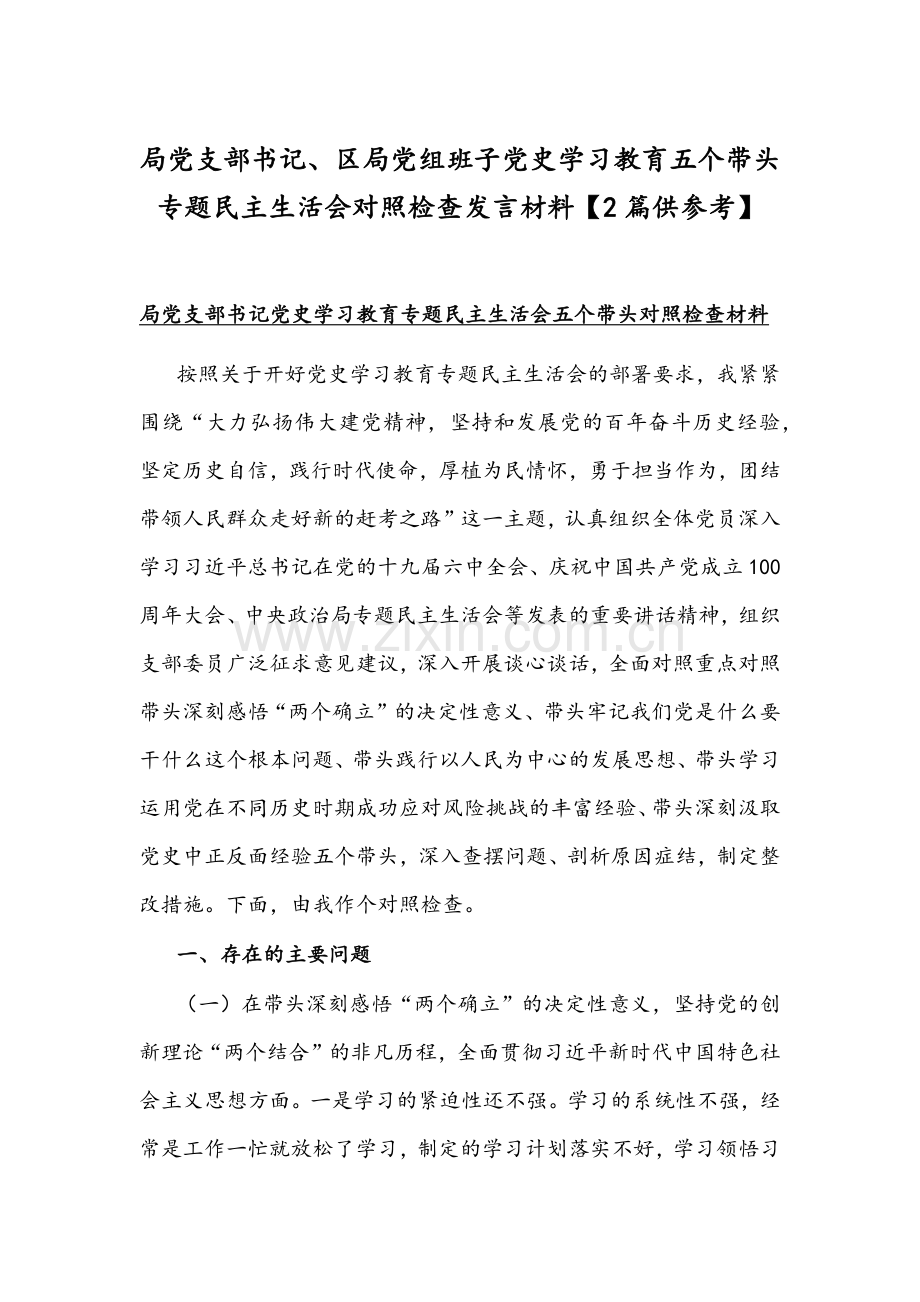 局党支部书记、区局党组班子党史学习教育五个带头专题组织生活会对照检查发言材料【2篇供参考】.docx_第1页