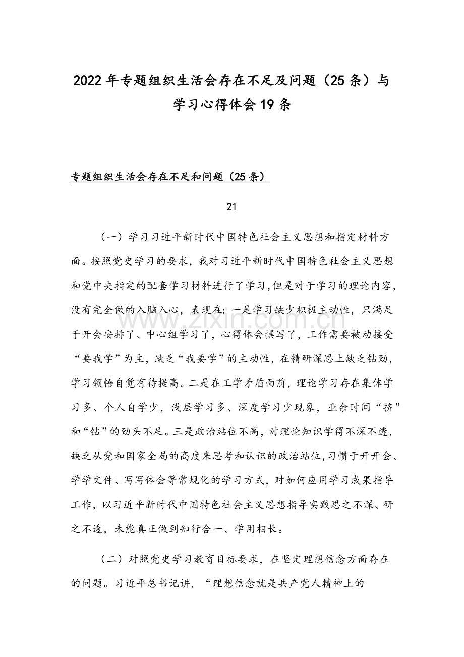 2022年专题组织生活会存在不足及问题（25条）与学习心得体会19条.docx_第1页