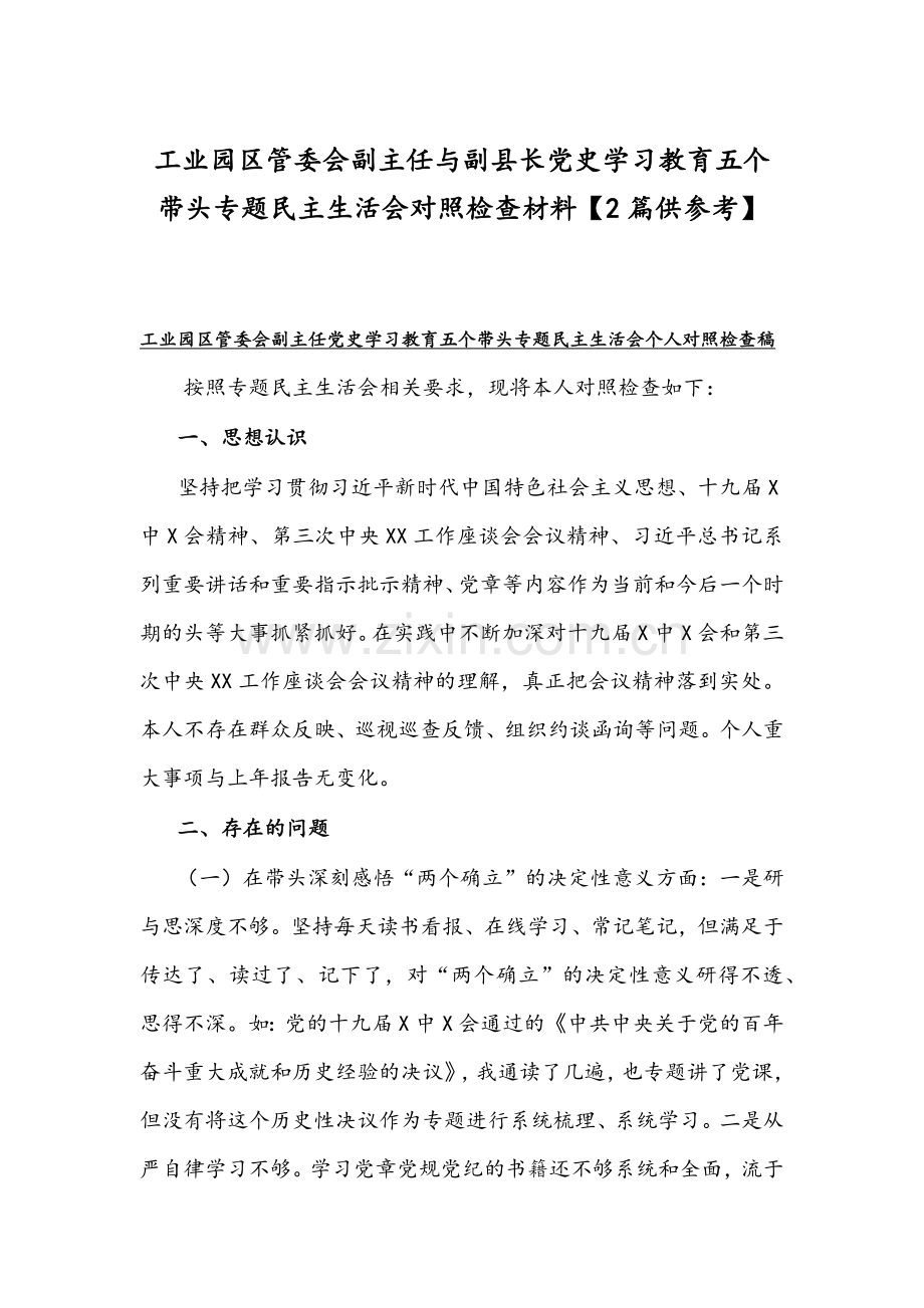 工业园区管委会副主任与副县长党史学习教育五个带头专题组织生活会对照检查材料【2篇供参考】.docx_第1页