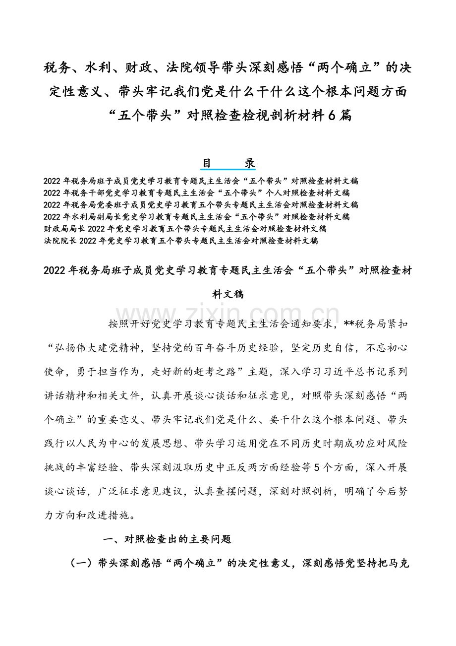 税务、水利、财政、法院领导带头深刻感悟“两个确立”的决定性意义、带头牢记我们党是什么干什么这个根本问题方面“五个带头”对照检查检视剖析材料6篇.docx_第1页