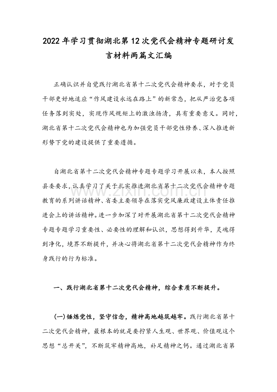 2022年学习贯彻湖北第12次党代会精神专题研讨发言材料两篇文汇编.docx_第1页