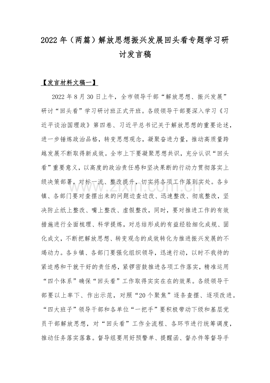 2022年（两篇）解放思想振兴发展回头看专题学习研讨发言稿.docx_第1页