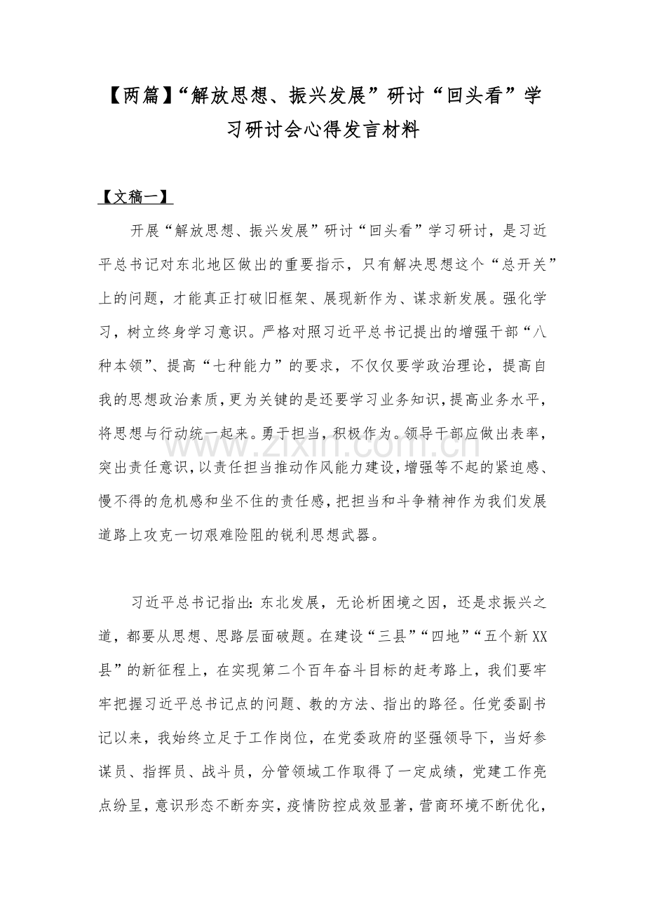 【两篇】“解放思想、振兴发展”研讨“回头看”学习研讨会心得发言材料.docx_第1页