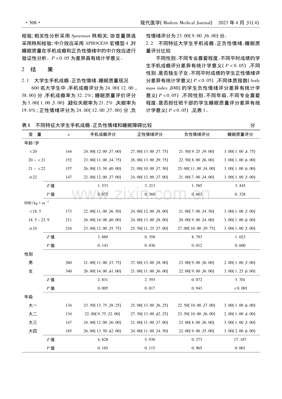 大学生手机成瘾与正、负性情...性及睡眠质量的中介效应分析_陈维.pdf_第3页