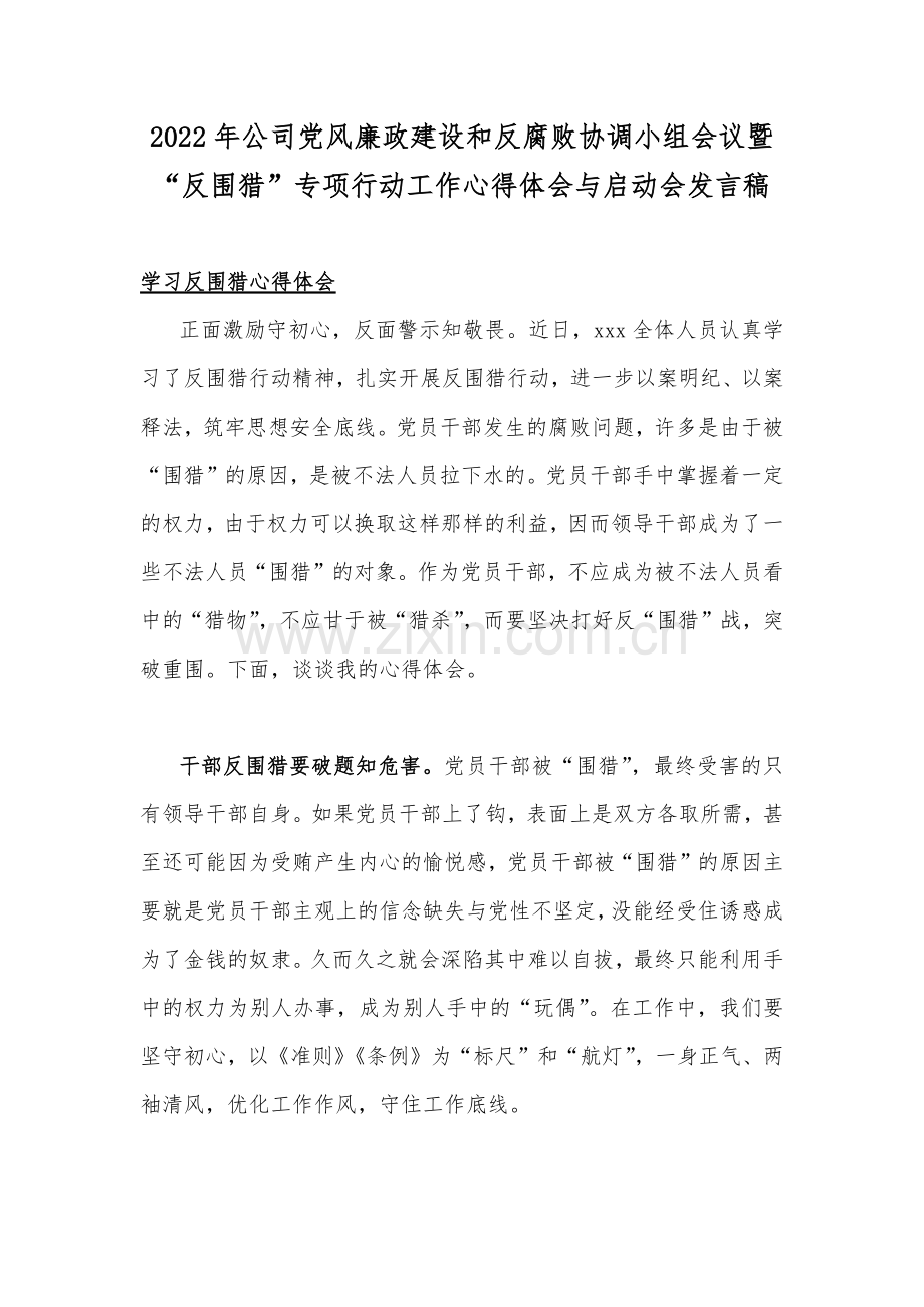 2022年公司党风廉政建设和反腐败协调小组会议暨“反围猎”专项行动工作心得体会与启动会发言稿.docx_第1页