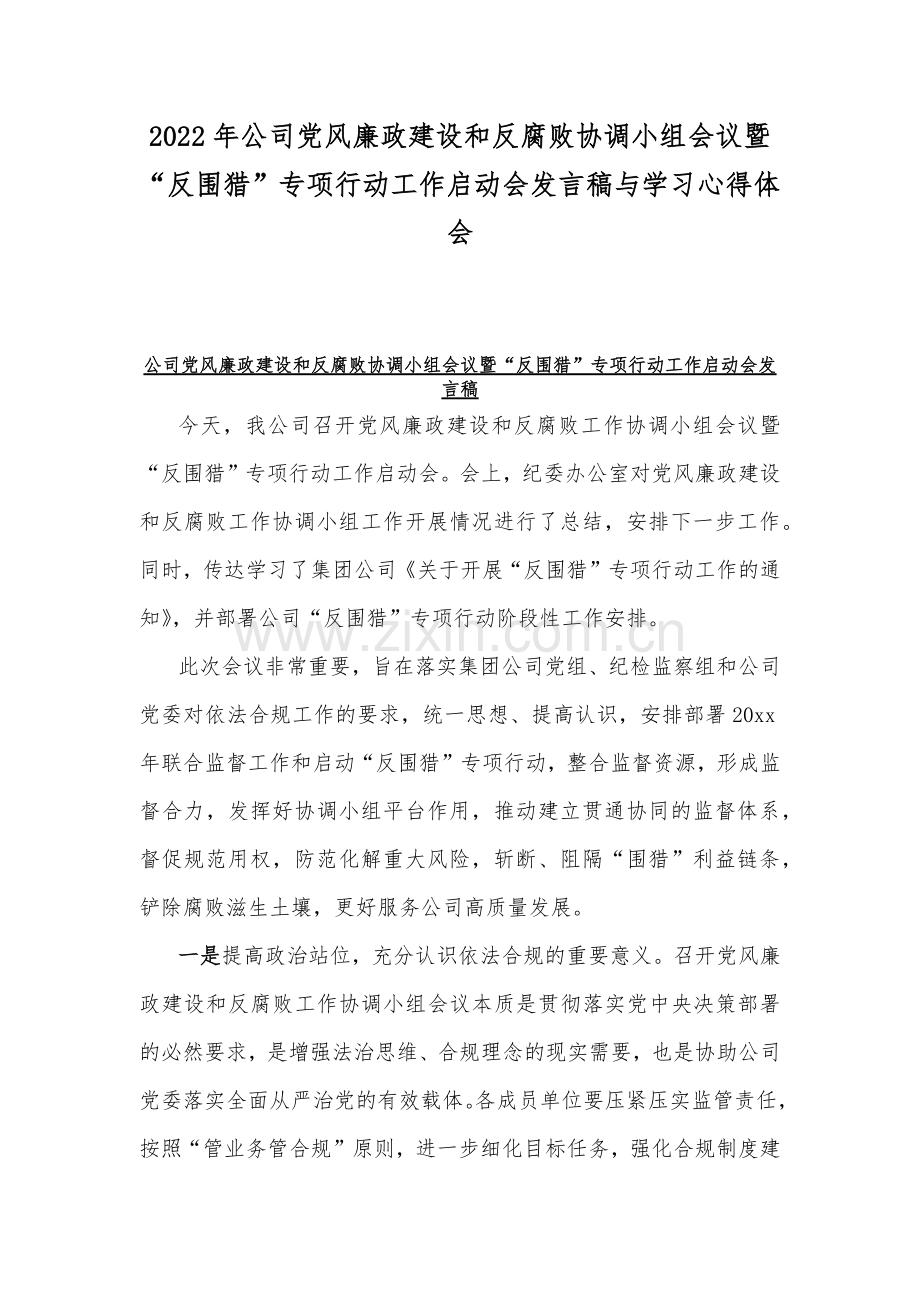 2022年公司党风廉政建设和反腐败协调小组会议暨“反围猎”专项行动工作启动会发言稿与学习心得体会.docx_第1页