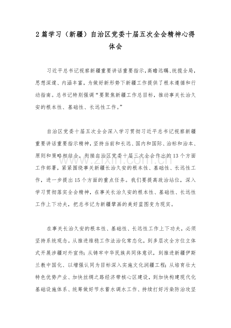 2篇学习（新疆）自治区党委十届五次全会精神心得体会.docx_第1页