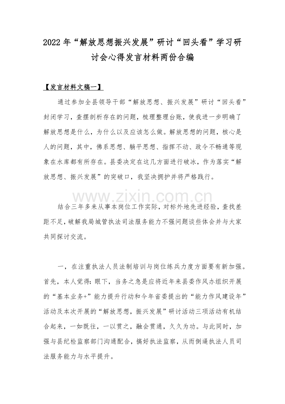 2022年“解放思想振兴发展”研讨“回头看”学习研讨会心得发言材料两份合编.docx_第1页