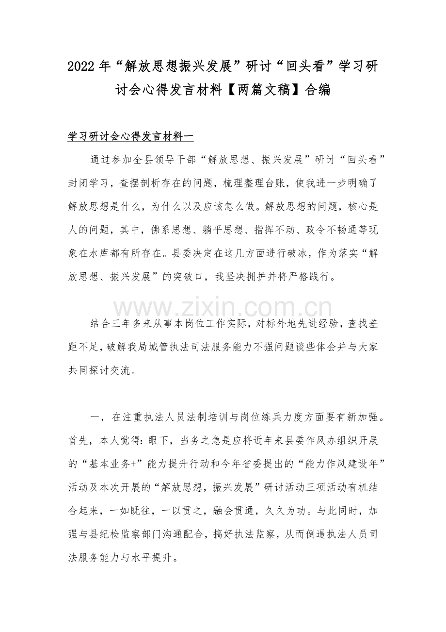 2022年“解放思想振兴发展”研讨“回头看”学习研讨会心得发言材料【两篇文稿】合编.docx_第1页