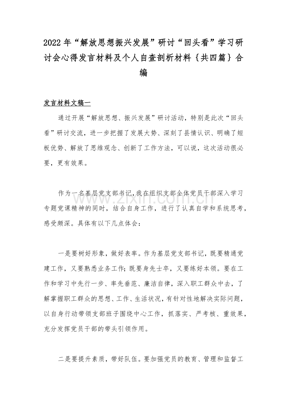 2022年“解放思想振兴发展”研讨“回头看”学习研讨会心得发言材料及个人自查剖析材料｛共四篇｝合编.docx_第1页