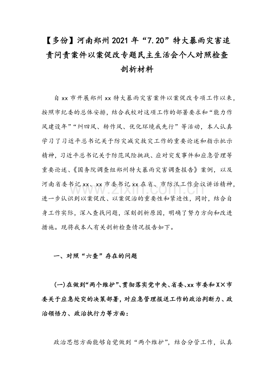 【多份】河南郑州2021年“7.20”特大暴雨灾害追责问责案件以案促改专题民主生活会个人对照检查剖析材料.docx_第1页