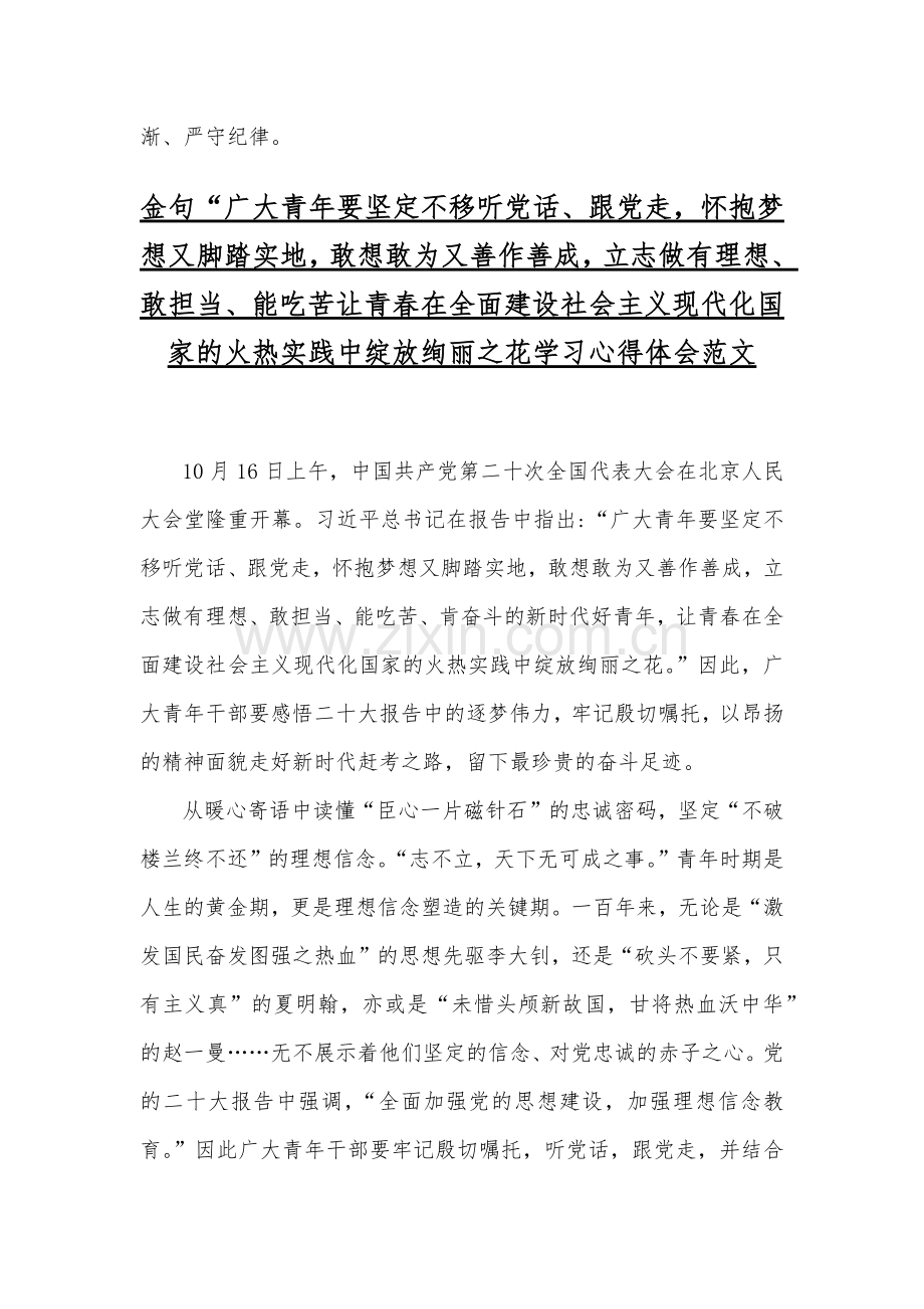 （2篇）全面学习金句“广大青年要坚定不移听党话、跟党走怀抱梦想又脚踏实地敢想敢为又善作善成立志做有理想、敢担当、能吃苦、肯奋斗的新时代好青年心得体会.docx_第3页