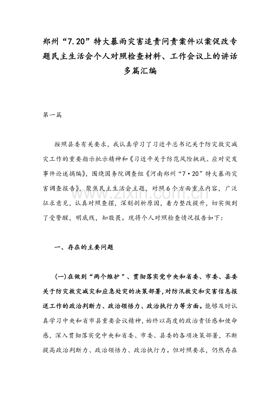 郑州“7.20”特大暴雨灾害追责问责案件以案促改专题民主生活会个人对照检查材料、工作会议上的讲话多篇汇编.docx_第1页