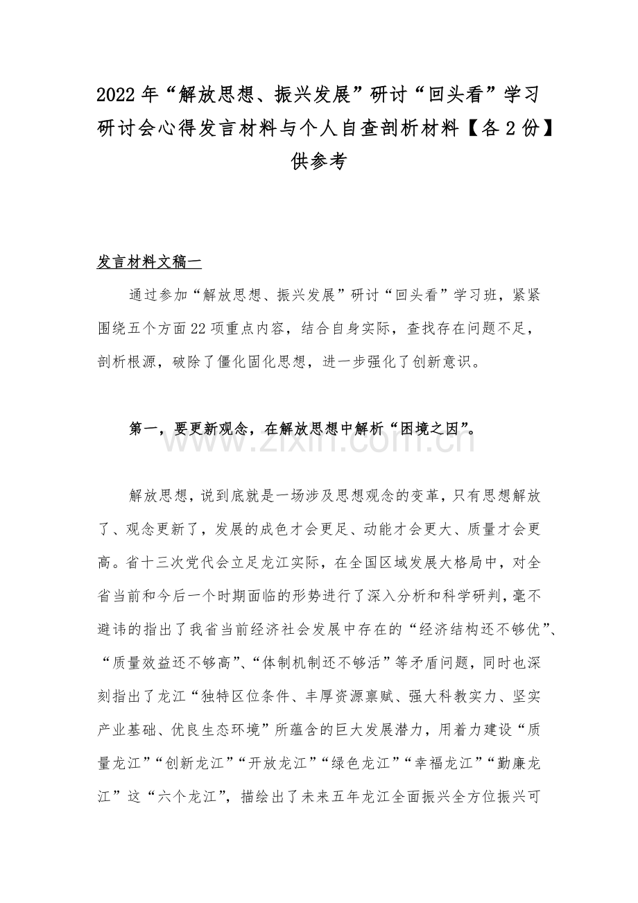 2022年“解放思想、振兴发展”研讨“回头看”学习研讨会心得发言材料与个人自查剖析材料【各2份】供参考.docx_第1页