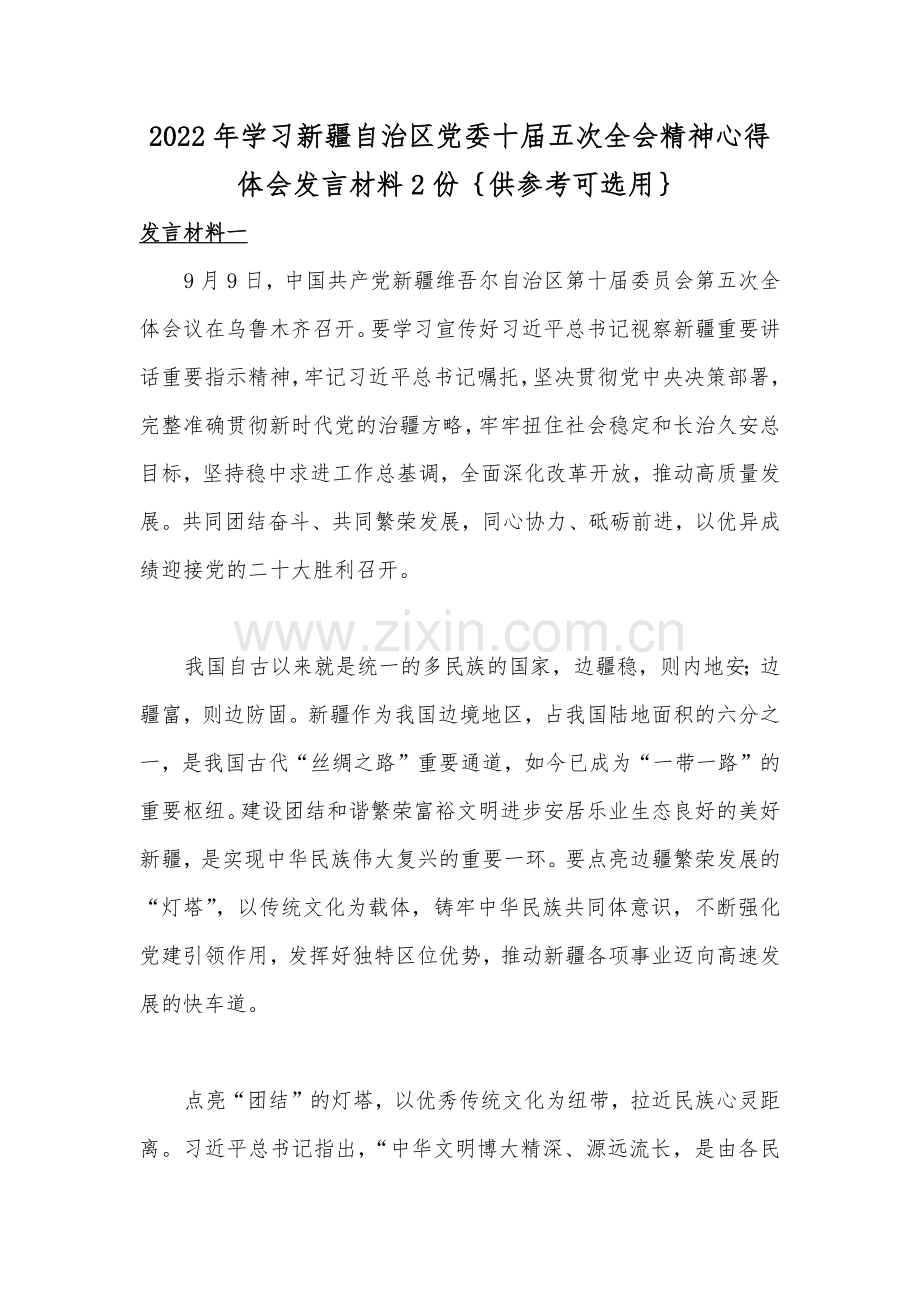 2022年学习新疆自治区党委十届五次全会精神心得体会发言材料2份｛供参考可选用｝.docx_第1页