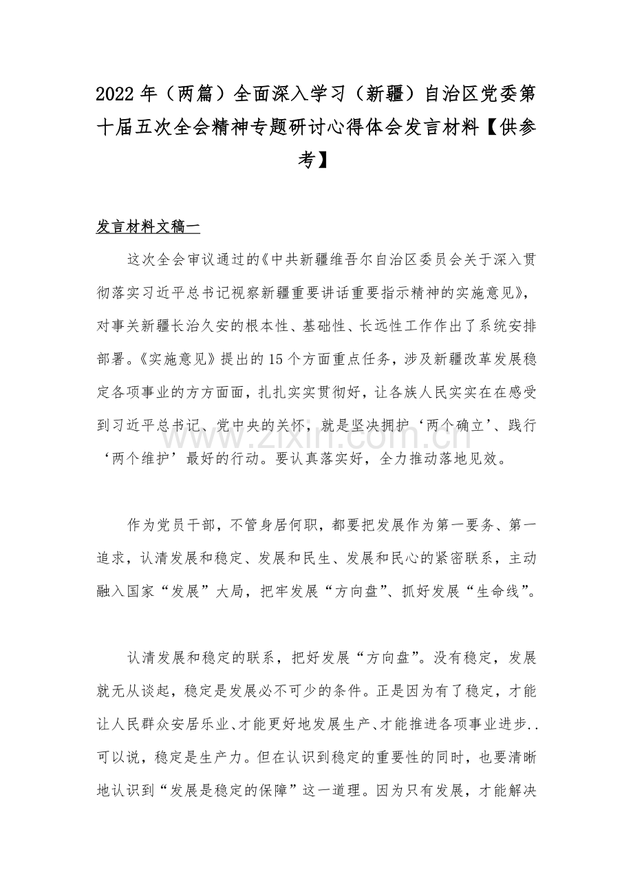 2022年（两篇）全面深入学习（新疆）自治区党委第十届五次全会精神专题研讨心得体会发言材料【供参考】.docx_第1页