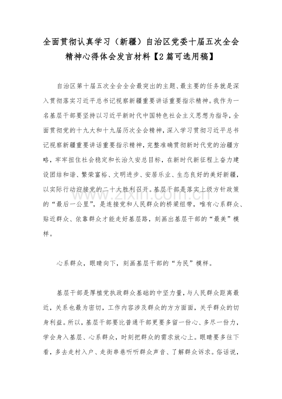 全面贯彻认真学习（新疆）自治区党委十届五次全会精神心得体会发言材料【2篇可选用稿】.docx_第1页