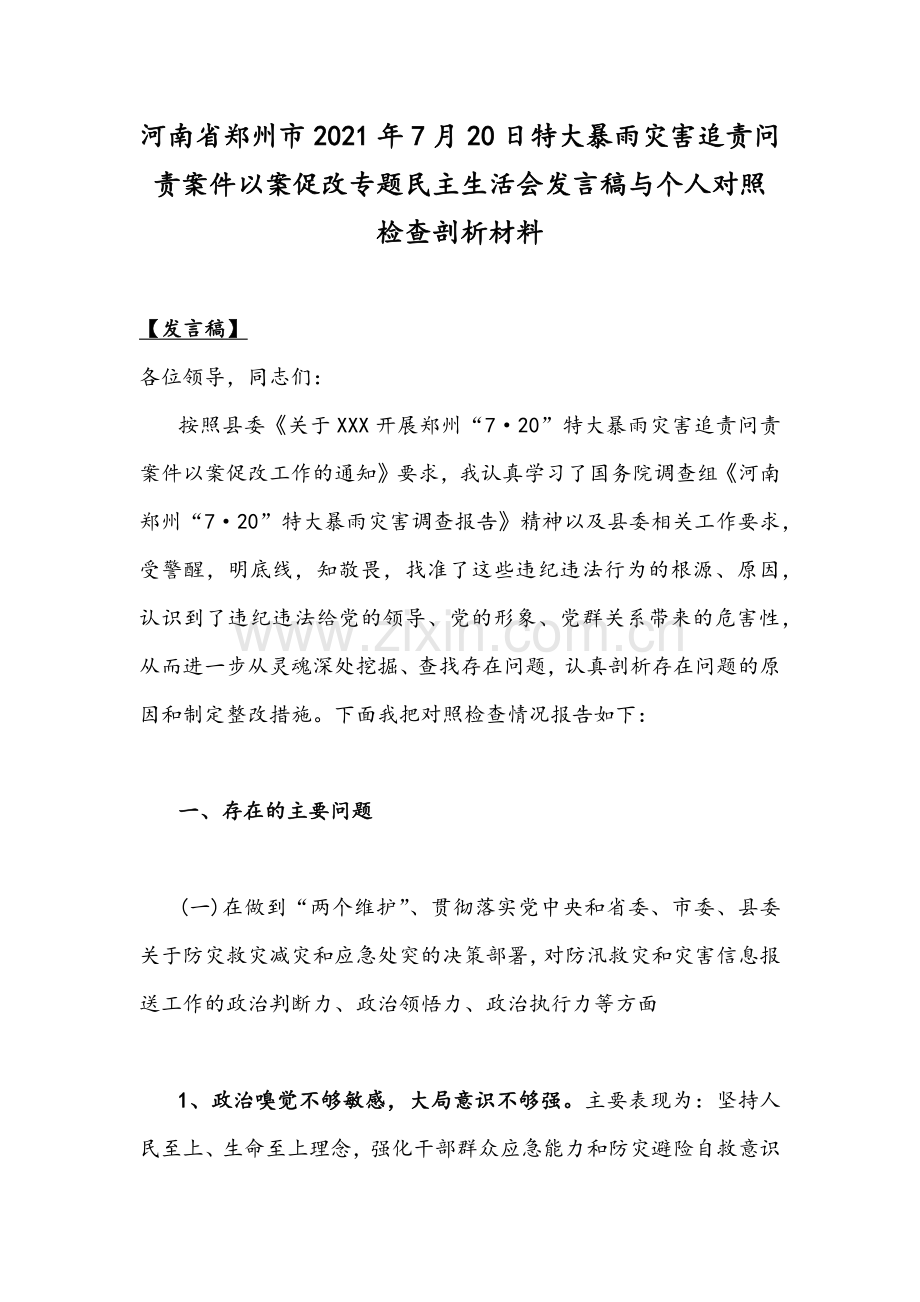 河南省郑州市2021年7月20日特大暴雨灾害追责问责案件以案促改专题民主生活会发言稿与个人对照检查剖析材料.docx_第1页