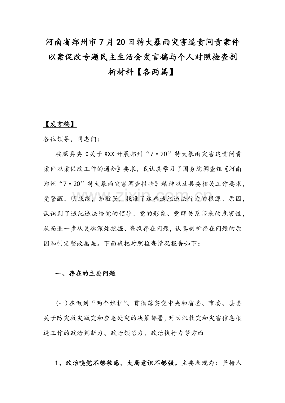 河南省郑州市7月20日特大暴雨灾害追责问责案件以案促改专题民主生活会发言稿与个人对照检查剖析材料【各两篇】.docx_第1页