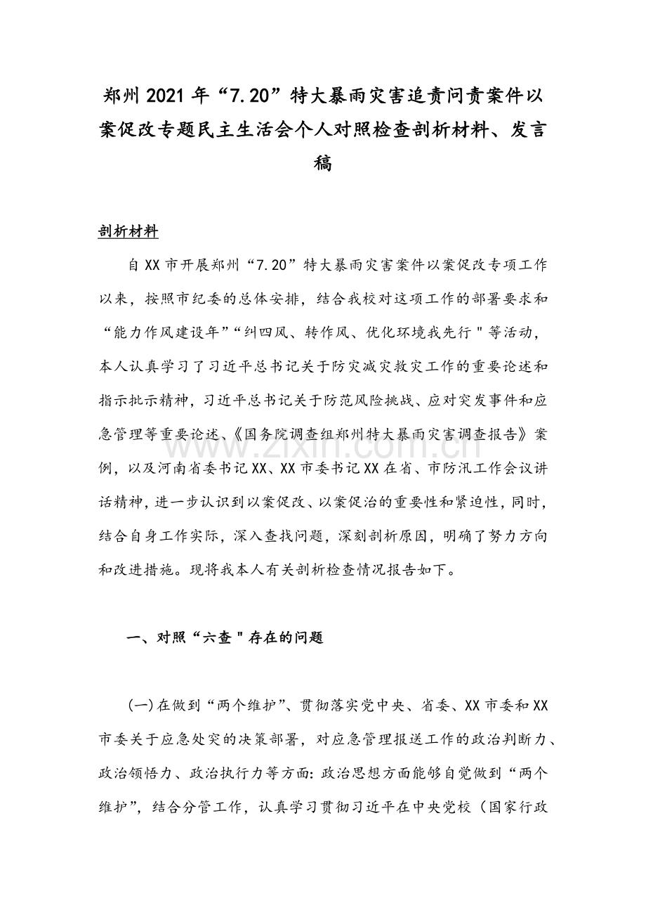 郑州2021年“7.20”特大暴雨灾害追责问责案件以案促改专题民主生活会个人对照检查剖析材料、发言稿.docx_第1页