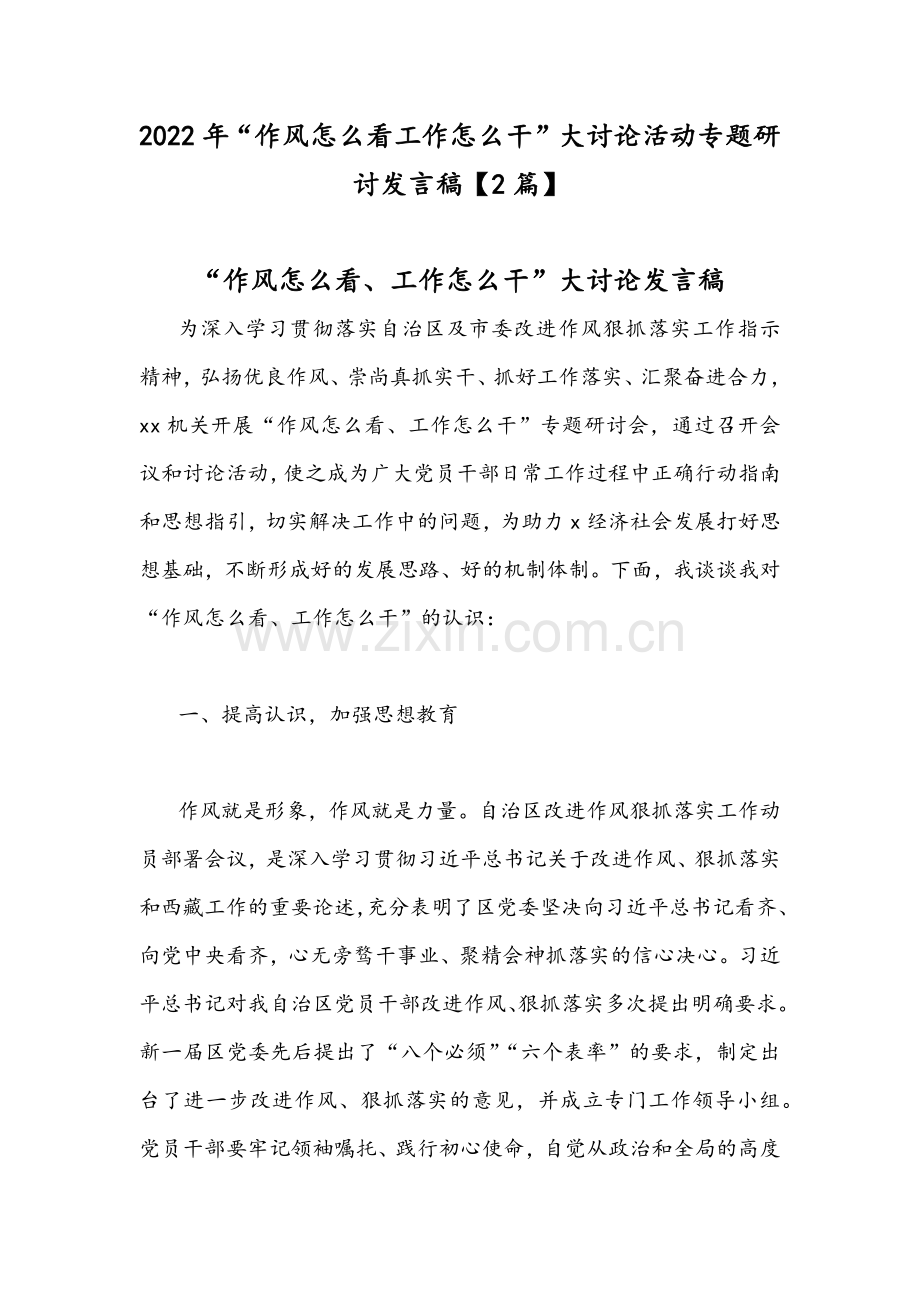 2022年“作风怎么看工作怎么干”大讨论活动专题研讨发言稿【2篇】.docx_第1页