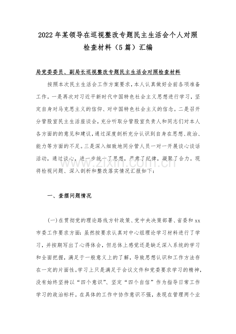 2022年某领导在巡视整改专题民主生活会个人对照检查材料（5篇）汇编.docx_第1页