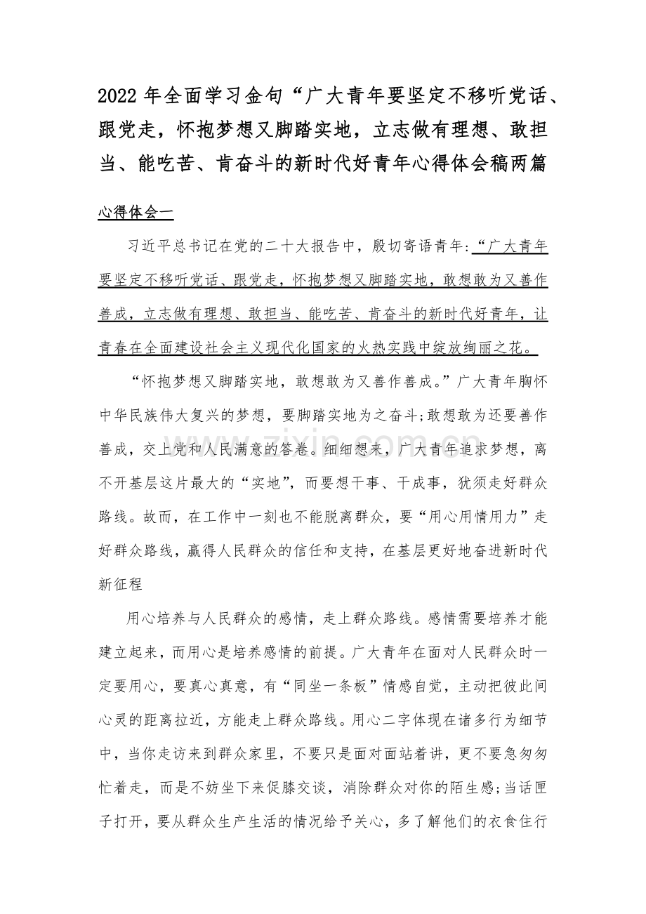 2022年全面学习金句“广大青年要坚定不移听党话、跟党走怀抱梦想又脚踏实地立志做有理想、敢担当、能吃苦、肯奋斗的新时代好青年心得体会稿两篇.docx_第1页