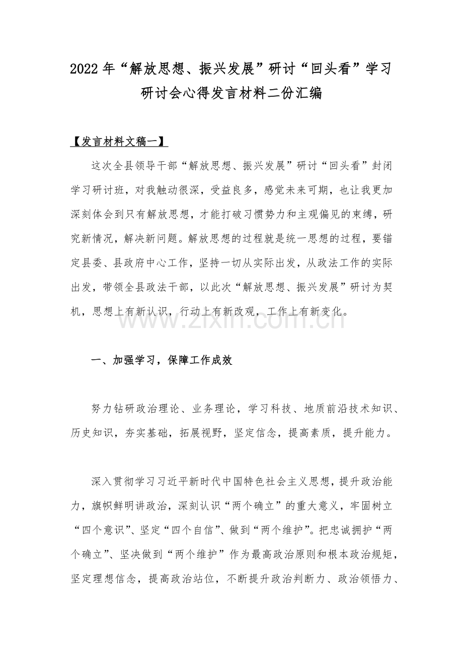 2022年“解放思想、振兴发展”研讨“回头看”学习研讨会心得发言材料二份汇编.docx_第1页