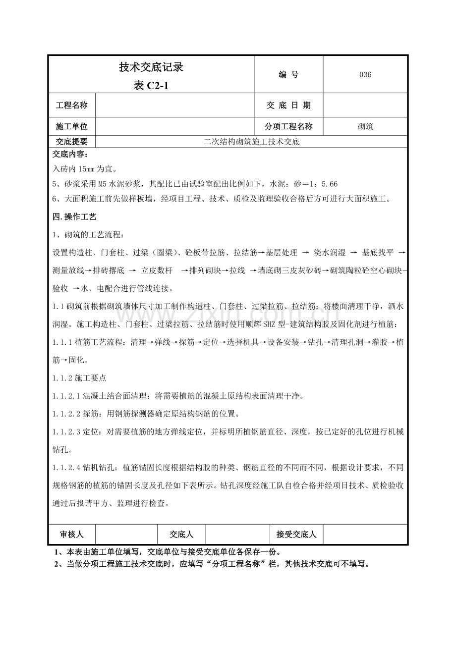 二次结构砌筑施工技术交底记录模板.doc_第2页