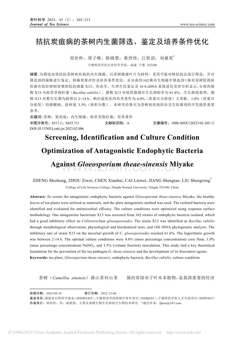 拮抗炭疽病的茶树内生菌筛选、鉴定及培养条件优化_郑世仲.pdf_第1页