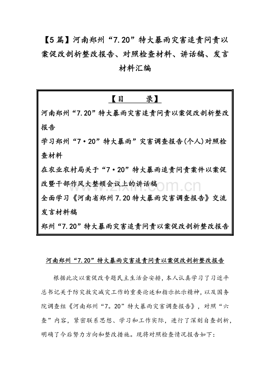 【5篇】河南郑州“7.20”特大暴雨灾害追责问责以案促改剖析整改报告、对照检查材料、讲话稿、发言材料汇编.docx_第1页