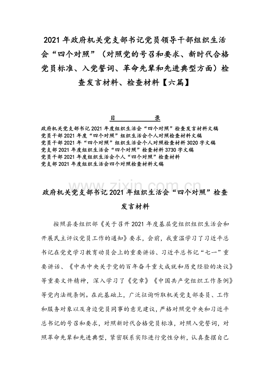 2021年政府机关党支部书记党员领导干部组织生活会“四个对照”（对照党的号召和要求、新时代合格党员标准、入党誓词、革命先辈和先进典型方面）检查发言材料、检查材料【六篇】.docx_第1页