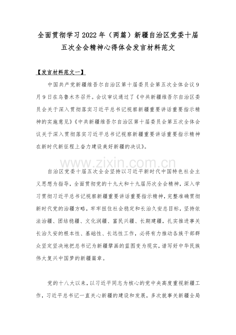 全面贯彻学习2022年（两篇）新疆自治区党委十届五次全会精神心得体会发言材料范文.docx_第1页