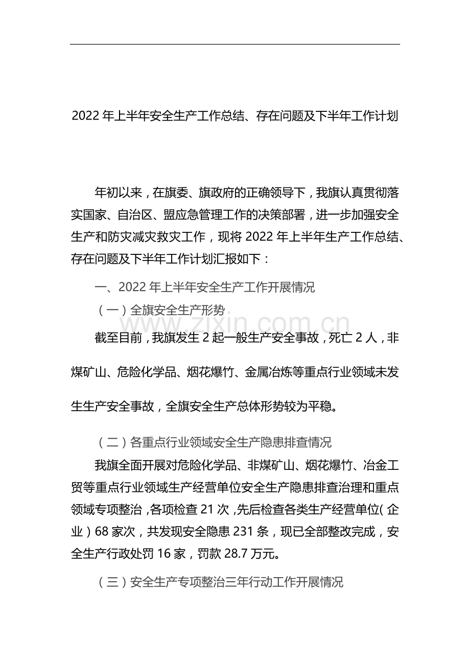 2022年上半年安全生产工作总结、存在问题及下半年工作计划.docx_第1页