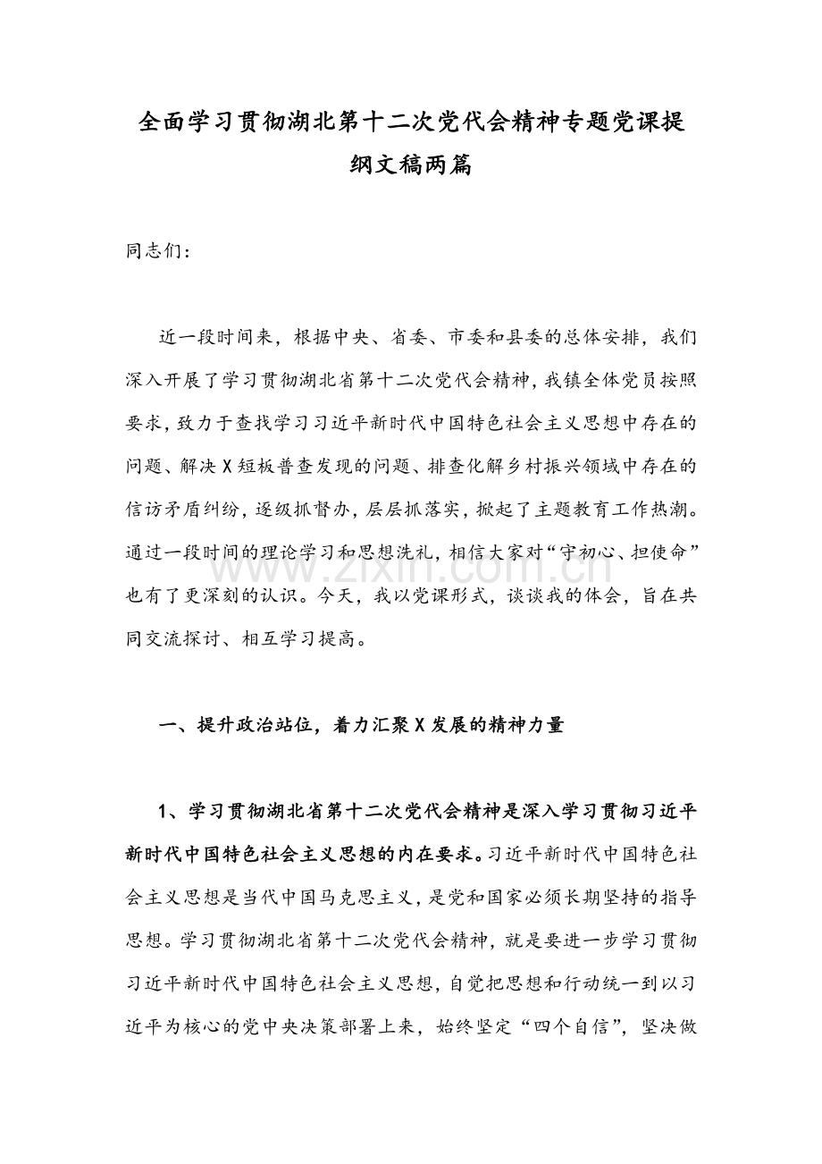 全面学习贯彻湖北第十二次党代会精神专题党课提纲文稿两篇.docx_第1页