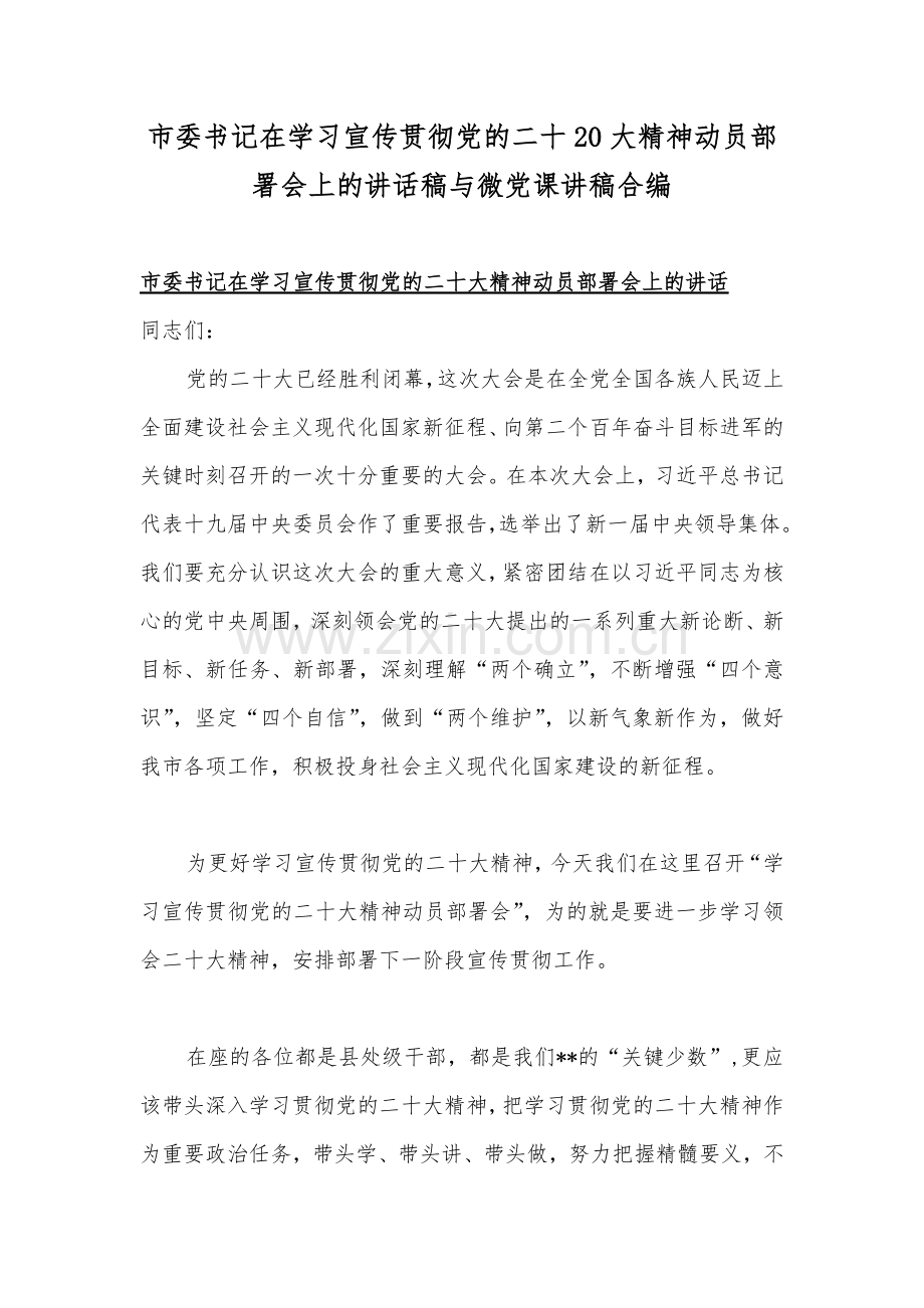 市委书记在学习宣传贯彻党的二十20大精神动员部署会上的讲话稿与微党课讲稿合编.docx_第1页