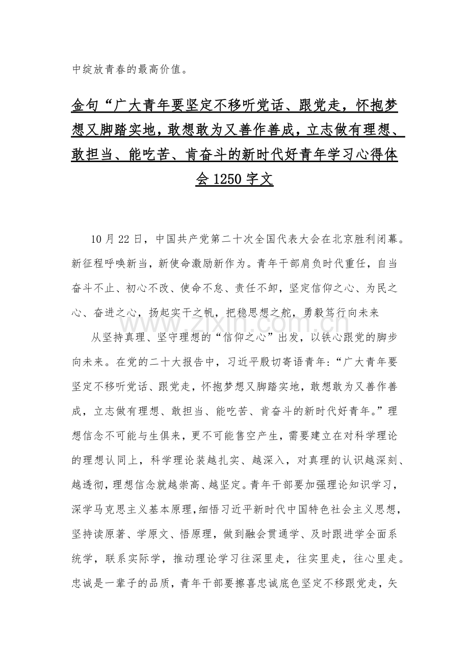 学习金句“广大青年要坚定不移听党话跟党走怀抱梦想又脚踏实地敢想敢为又善作善成立志做有理想、敢担当、能吃苦、让青春在全面建设社会主义现代化国家的火热实践中绽放绚丽之花心得（2篇稿）供参考.docx_第3页