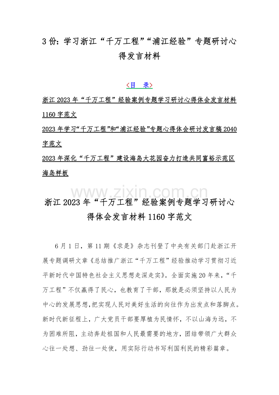 3份：学习浙江“千万工程”“浦江经验”专题研讨心得发言材料.docx_第1页