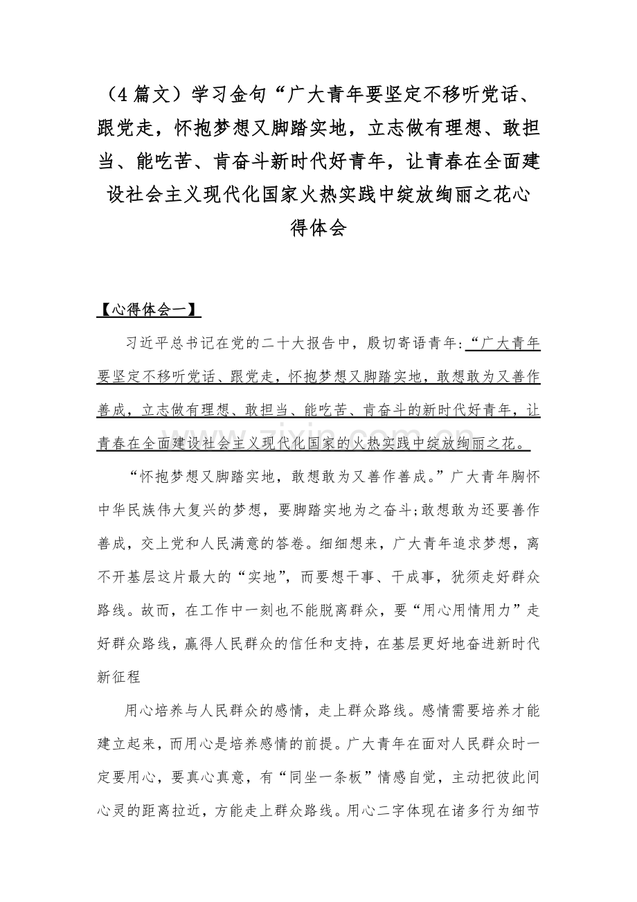 （4篇文）学习金句“广大青年要坚定不移听党话、跟党走怀抱梦想又脚踏实地立志做有理想、敢担当、能吃苦、肯奋斗新时代好青年让青春在全面建设社会主义现代化国家火热实践中绽放绚丽之花心得体会.docx_第1页