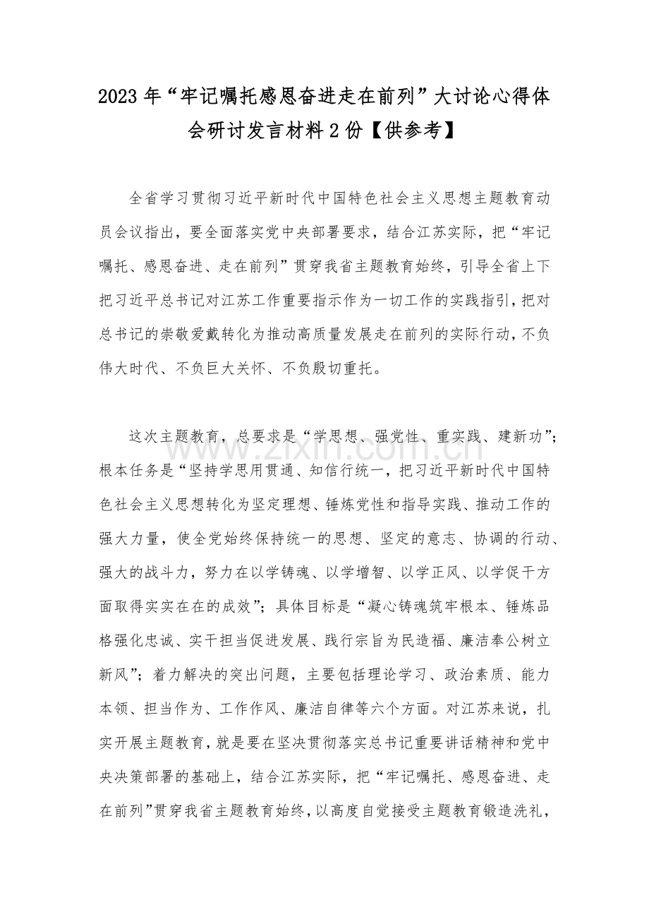 2023年“牢记嘱托感恩奋进走在前列”大讨论心得体会研讨发言材料2份【供参考】.docx_第1页