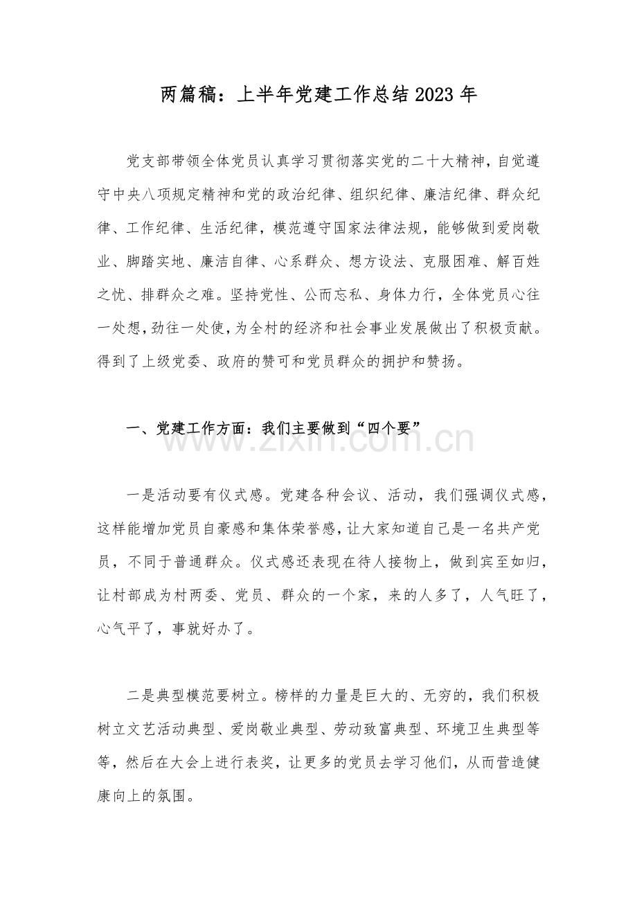 两篇稿：上半年党建工作总结2023年.docx_第1页