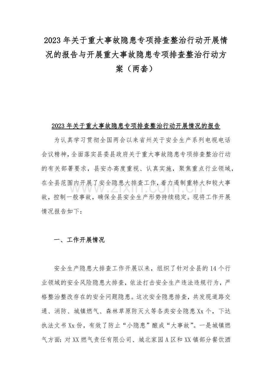 2023年关于重大事故隐患专项排查整治行动开展情况的报告与开展重大事故隐患专项排查整治行动方案（两套）.docx_第1页