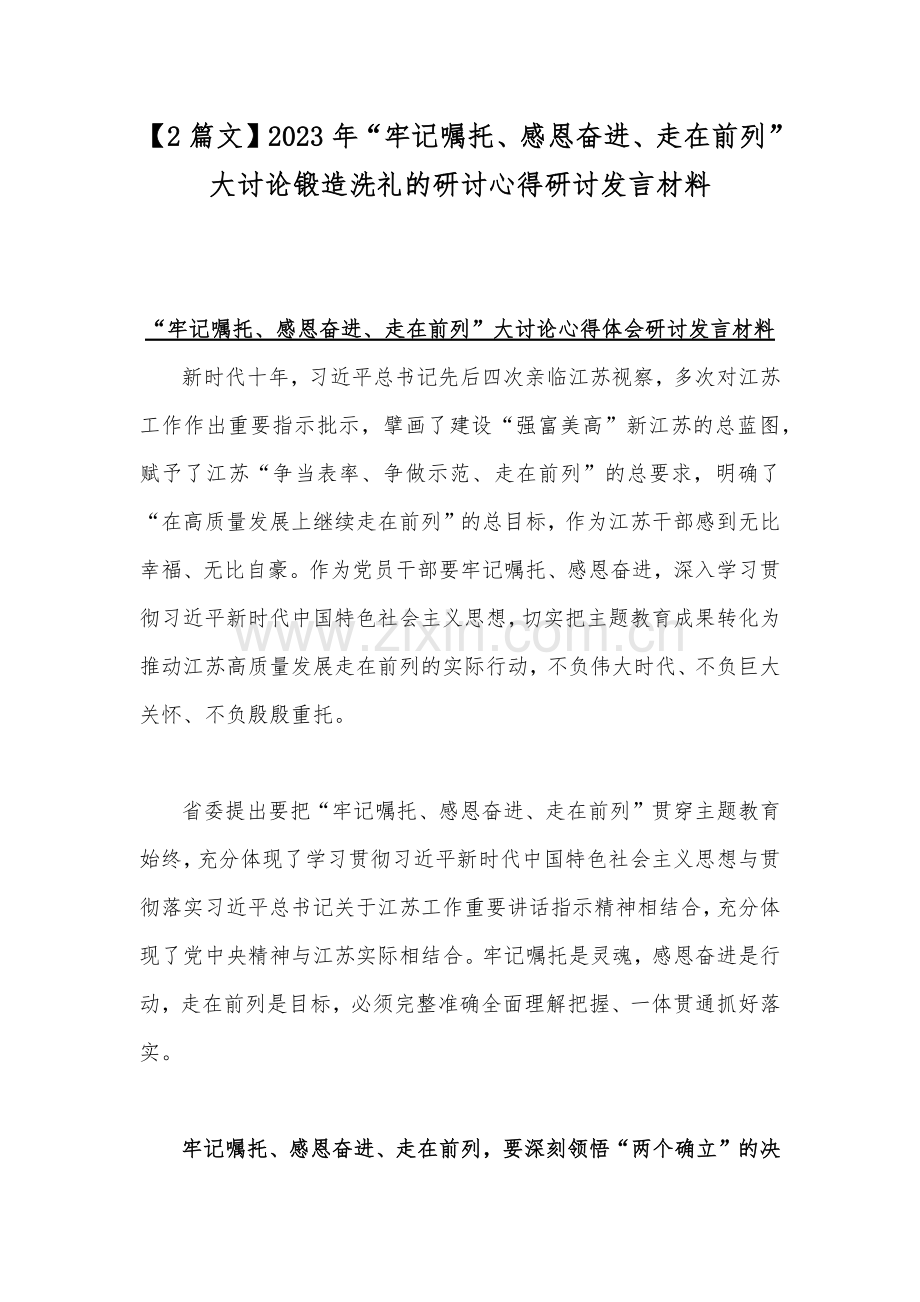 【2篇文】2023年“牢记嘱托、感恩奋进、走在前列”大讨论锻造洗礼的研讨心得研讨发言材料.docx_第1页